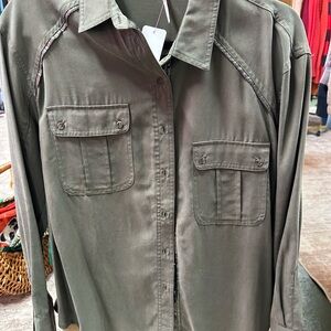 FREE PEOPLE Women's Small Off Campus Moss Green Metallic Button Down Shirt